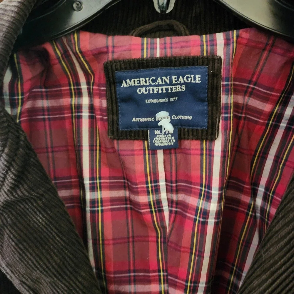 American Eagle‎ Mens XL Brown Corduroy Blazer Elbow Patches Plaid Lining Jacket